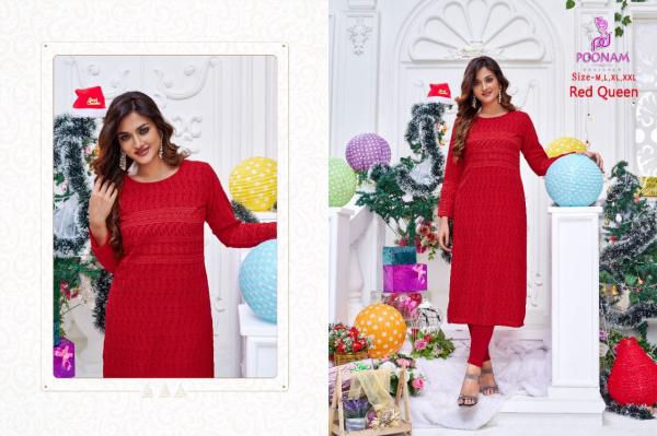 Poonam Red Queen Casual Wear Chikan Work Kurtis